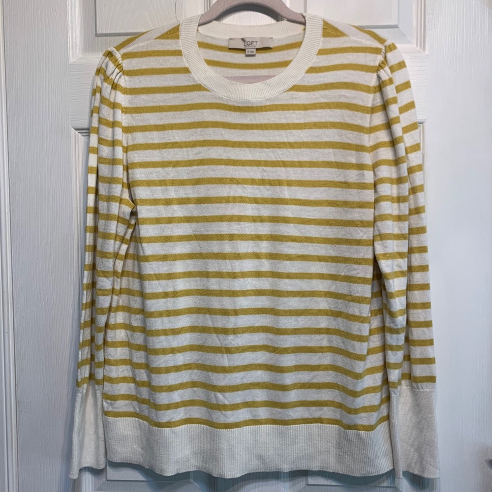 LOFT Striped Puff Shoulder Sweater XL Striped Preppy Nautical French Girl Paris